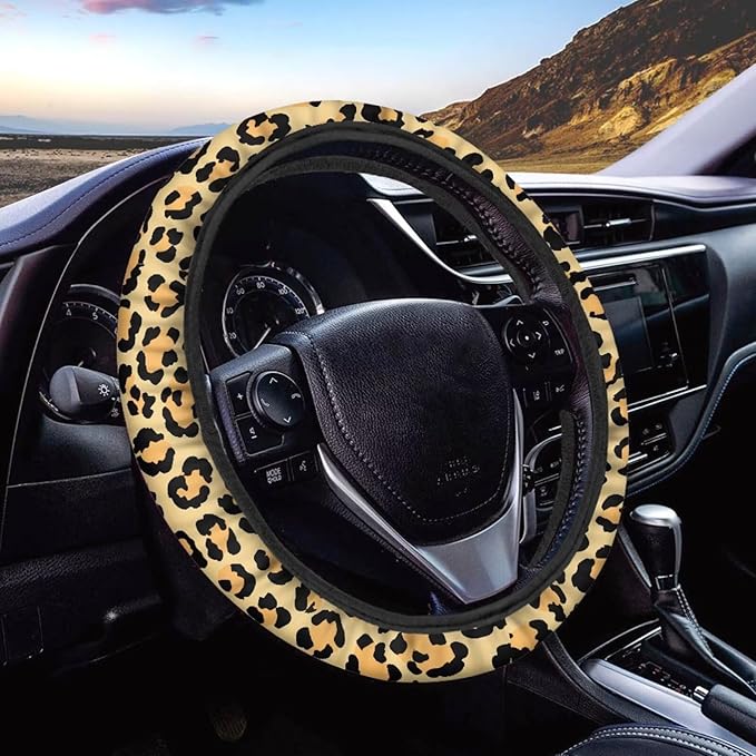 Universal Non-Slip Steering Wheel Cover, 15-inch Polyester Material Driving Accessories, Adjustable for Car and Truck(Retro Yellow Leopard Print)