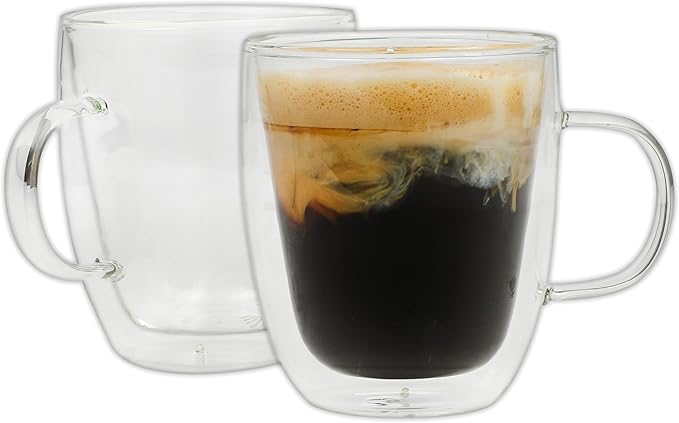 Mr. Coffee Retro Machiatto Large 16 Ounce Insulated Double Wall Glass Coffee & Tea Cups, Set of 2