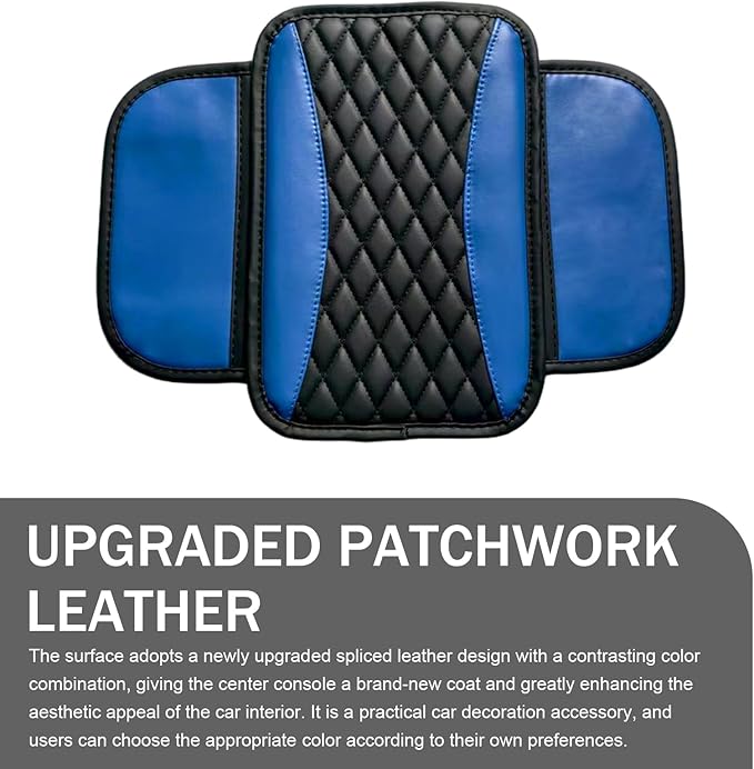 Car Center Console Cover, Patchwork Leather Armrest Cover Cushion with 2 Storage Bag, Waterproof Comfortable Auto Arm Rest Pad, Universal Center Console Protector for Sedan, SUV (Blue)