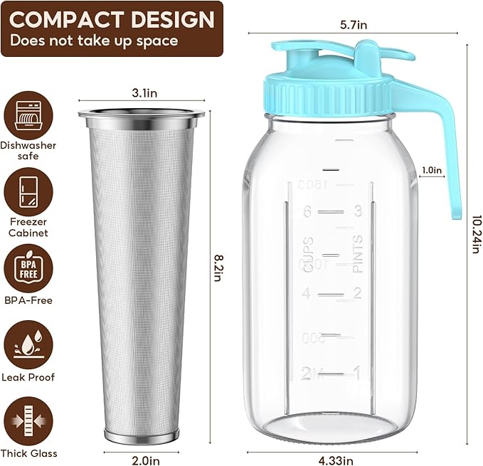 Cold Brew Coffee Maker Jar - 2 Pack 64 oz(2 Quart / 1.9 Liter) Glass Cold Brew Maker with Handle, Stainless Steel Filter&Leak-Proof Lid, Heavy Duty Cold Brew Pitcher for Iced Coffee, Sun Tea, and Milk