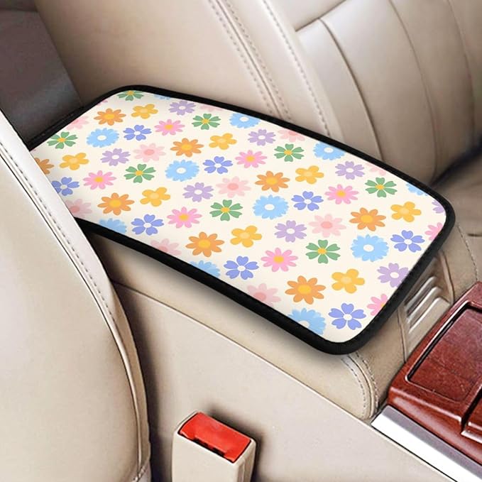 Floral Boho Center Console Cover Pad,Retro Colorful Flower Car Armrest Seat Box Cover Cushion Universal for Most Vehicle SUV Truck,Car Interior Accessories Decor,Protect from Pet Claws & Dirt