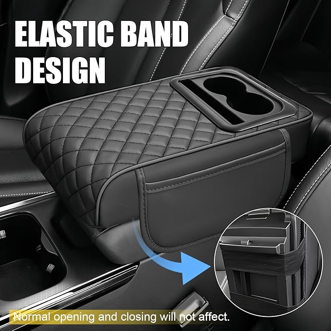 Car Center Console Armrest Cushion, Memory Foam Ergonomic Car Arm Rest Cushion with Cup Holder & Phone Storage& 2 Sided Pockets, Waterproof Leather Armrest Box Protector, 13.78" x 7.78" (Black)