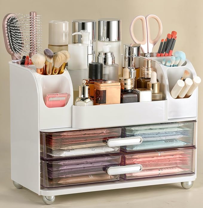 Large Makeup Organizer Countertop with Drawers, Make Up Organizer for Vanity, Makeup Storage Organizer Countertop Makeup Organizers for Skincare, White