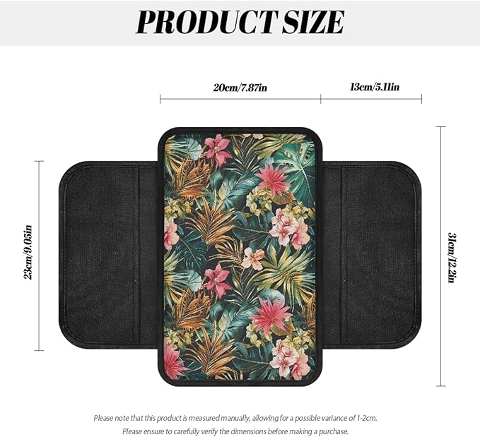 CLOHOMIN Pink Hibiscus Car Center Console Cover Accessories Palm Leaves Armrest Seat Box Cover for Most Car, Truck, and SUV Tropical Automotive Arm Rest Cushion Pad