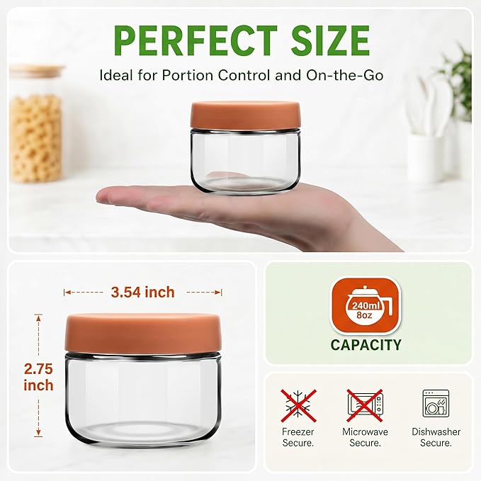 EONJOE 8oz Glass Jars with Lids 1 Cup Small Food Containers for Chia Pudding Jam Snacks Yogurt Overnight Oats Candy,6-Pack
