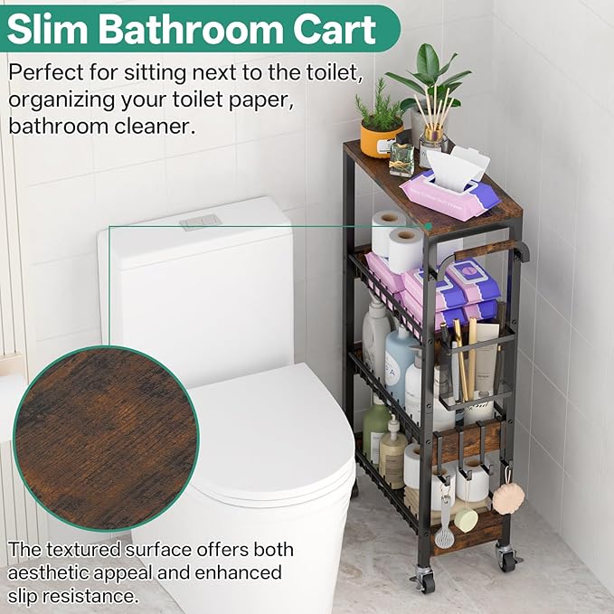 Slim Rolling Storage Cart, 4 Tier Small Organizer Cart with Wheels, Metal Utility Shelf Kitchen Bathroom Laundry Room Organization Trolley with Handle for Narrow Space (9.1" Overall Width)