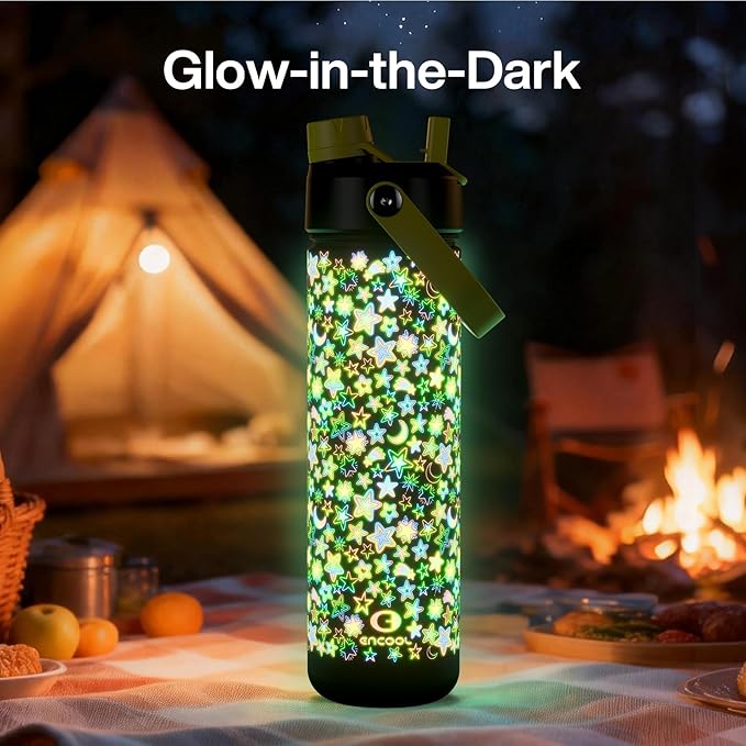 ENCOOL Insulated Water Bottle with Straw Stainless Steel Water Bottle, Glow in the Dark, Leak-Proof, BPA-Free, Keeps Cold for 24 Hours for Sports, Travel, School (26 oz, Neon Galaxy)