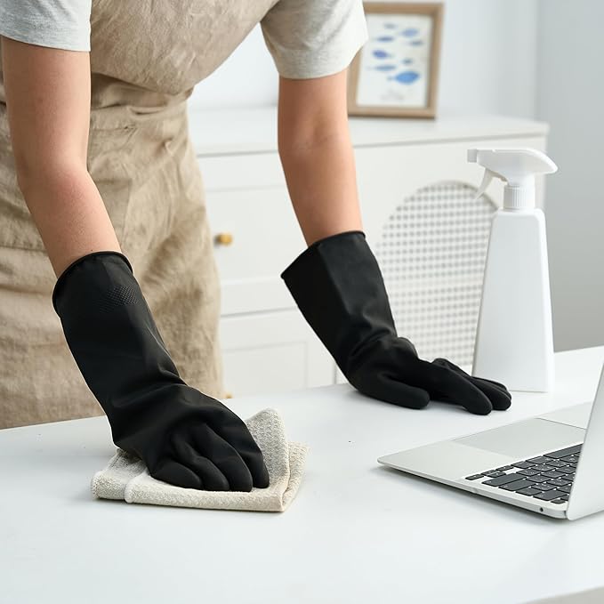 Bamllum 4 Pairs Black Rubber Dishwashing Gloves - Reusable Cleaning Gloves for Kitchen, Household, Anti-Slip, Flexible & Long-Lasting (Large)
