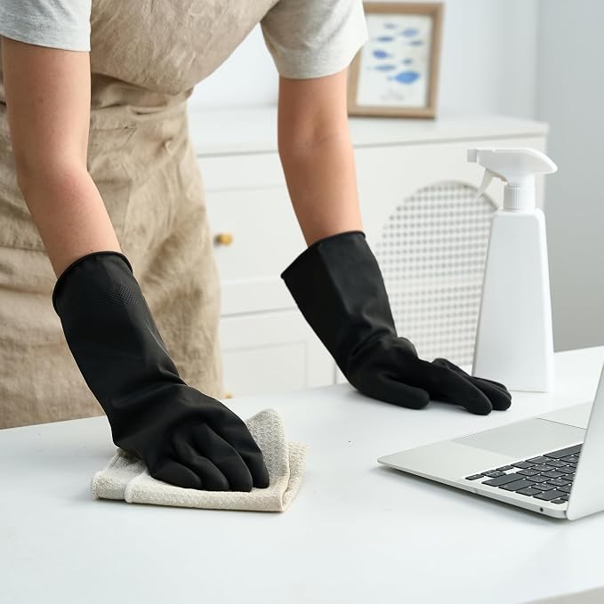 Bamllum 4 Pairs Black Rubber Dishwashing Gloves - Reusable Cleaning Gloves for Kitchen, Household, Anti-Slip, Flexible & Long-Lasting (X-Large)