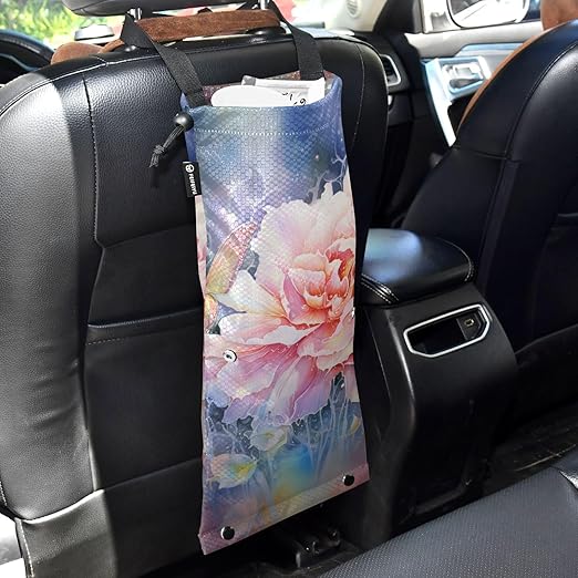 ALAZA Hanging Car Trash Bags Garbage Bag Trash Can for Back Seat Small Peony Pink Washable Storage Bag Retractable 2 Pack