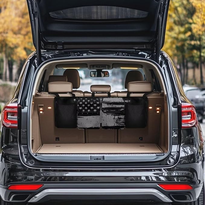 American Flag Car Trunk Organizer, Backseat Hanging Large Storage with Adjustable Straps & 4 Pockets, Waterproof Collapsible Cargo Bag, Car Interior Accessories for Auto SUV MPV