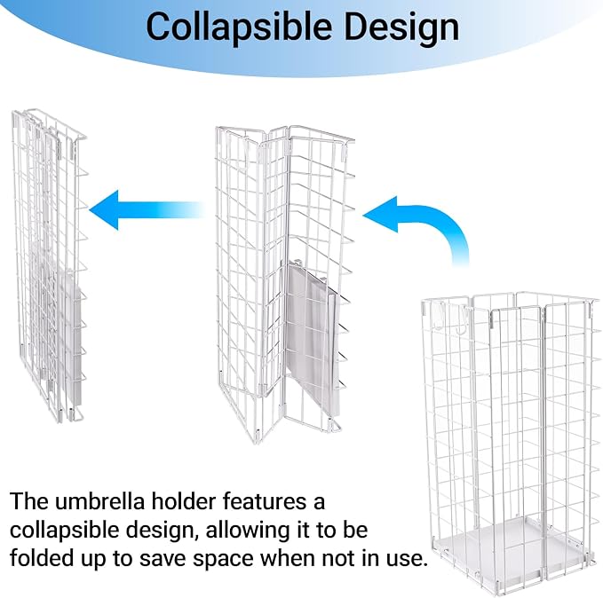 Umbrella Stand, Umbrella Holder for Entryway, Large Metal Foldable Umbrella Rack Organizer Freestanding, with Water Tray and Hooks, Rectangular Hollow Rack 9.5 x 9.5 x 19.7 Inches (White)