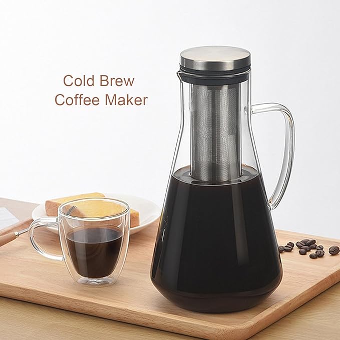 MAVIS LAVEN Cold Brew Coffee Maker, Thickened Borosilicate Glass Pitcher with 304 Stainless Steel Filter and Airtight Sealing, for Iced Tea Hot Tea Fruit Drinks (1600ML)