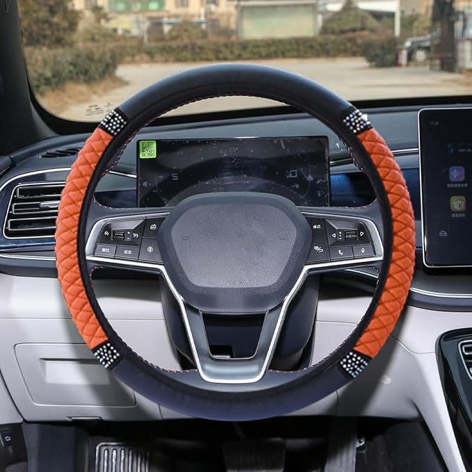 Bling Soft Leather Steering Wheel Cover, 15" Anti-Slip Sparkly Crystal Auto Elastic Steering Wheel Protector for Women Girl, Colorful Diamond Car Interior Accessory for Most Cars (Orange)