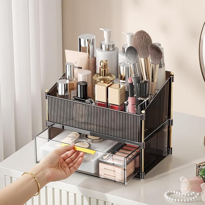 Modular Makeup Organizer, Clear Acrylic Cosmetic Storage Box with Drawer, Vanity Countertop Organizer for Makeup, Skincare and Beauty Accessories – Multiple Styles