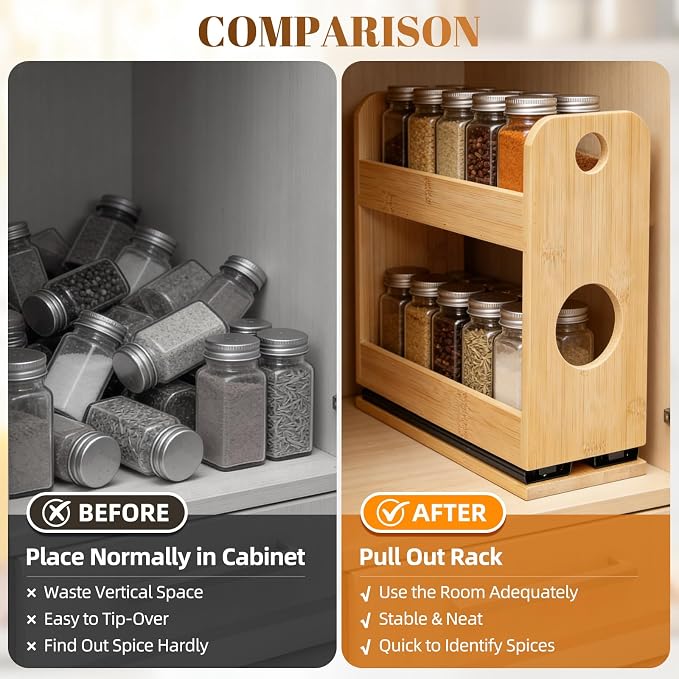 Tfro & Cile Pull Out Spice Rack Organizer for Cabinet 2-Tier Vertical Bamboo Slide Out Seasoning Organization for Kitchen Pantry