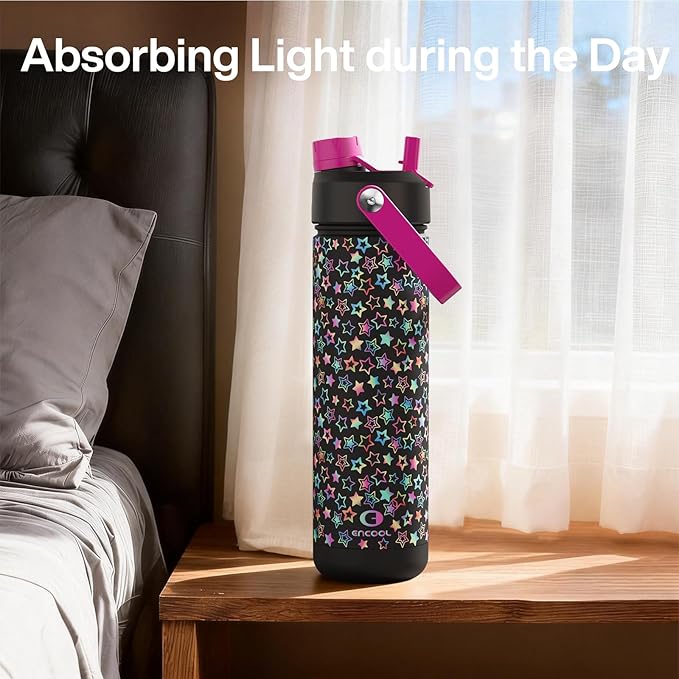 ENCOOL Insulated Water Bottle with Straw Stainless Steel Water Bottle, Glow in the Dark, Leak-Proof, BPA-Free, Keeps Cold for 24 Hours for Sports, Travel, School (26 oz, Neon Starfall)