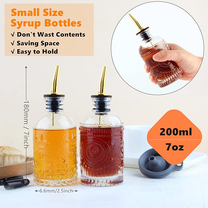 Coffee Syrup Dispenser Bottles Set 2 Pack 7 OZ Simple Small Syrup Bottles Set with Metal Pour Spout Ideal for Coffee Syrups, Condiments, Coffee bar, SC056 (2 pack)
