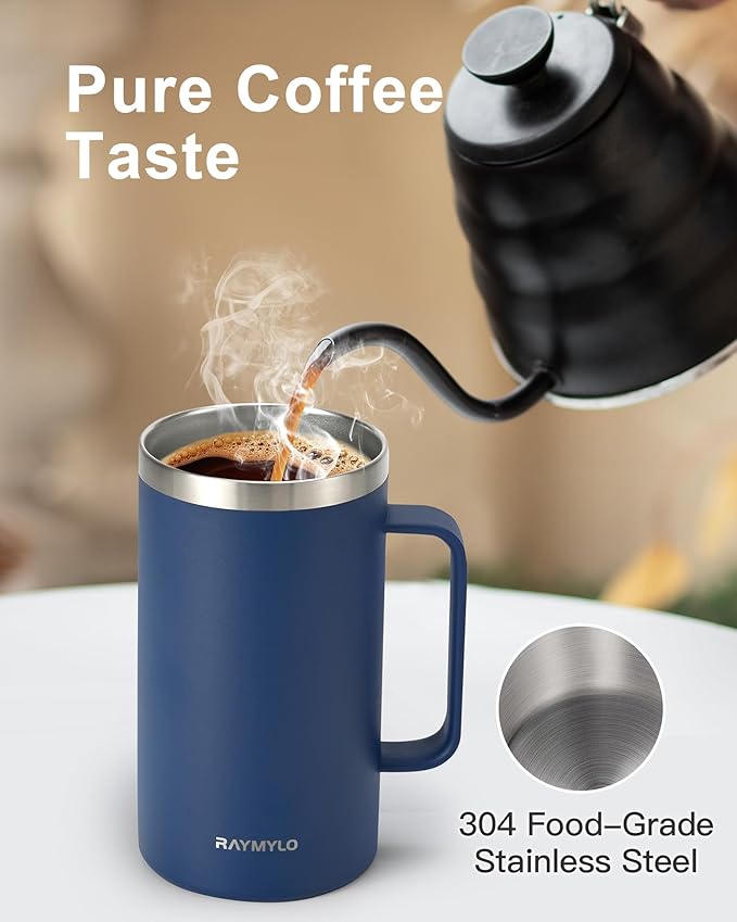 Insulated Coffee Mug 24 oz, Double Wall Stainless Steel Coffee Mug with Lids, Leak-Proof & Detachable Slider Lid for Thorough Clean, Keeps Coffee Cold for 9 Hrs, Suitable for Camp Home Office