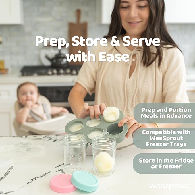 WeeSprout Glass Baby Food Storage Jars w/Lids (4 oz, 12 Pack Set) Snack, Puree, Reusable Small Containers, Breast Milk, Fridge or Freezer, Microwave & Dishwasher Safe, Essential Must Have for Infants