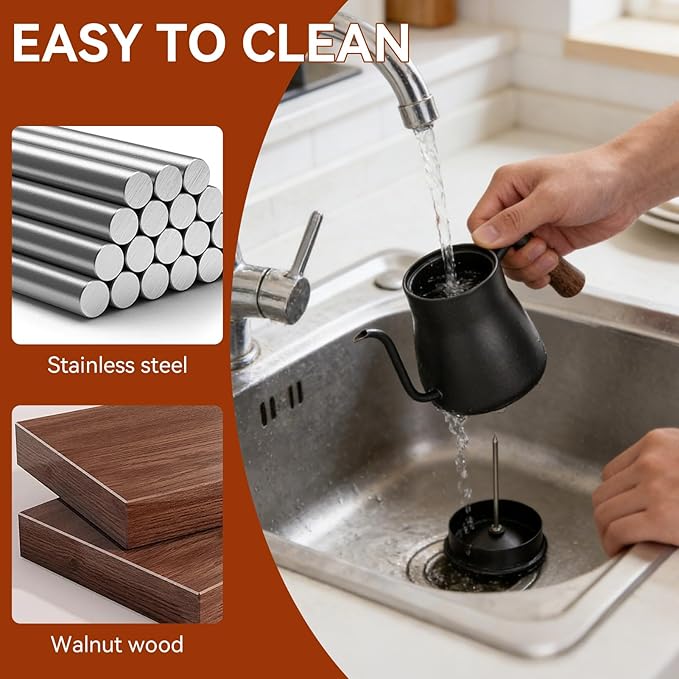 Pour over Coffee Kettle with Thermometer, 850ml Goose Neck Kettle Pot Induction Kettle Stovetop Stainless Steel Gooseneck Kettle with Wood Handle