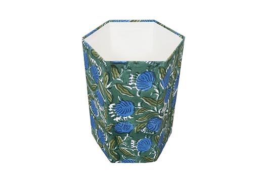 Generic 3.3 Gallon Cotton Hand Block Printed Paper Waste Basket |Small Decorative Trash Can for Housewarming Gifts in Living Room, Bedroom, Bathroom | Eco-Friendly, Plastic-Free (1, D. GREEN & BLUE)