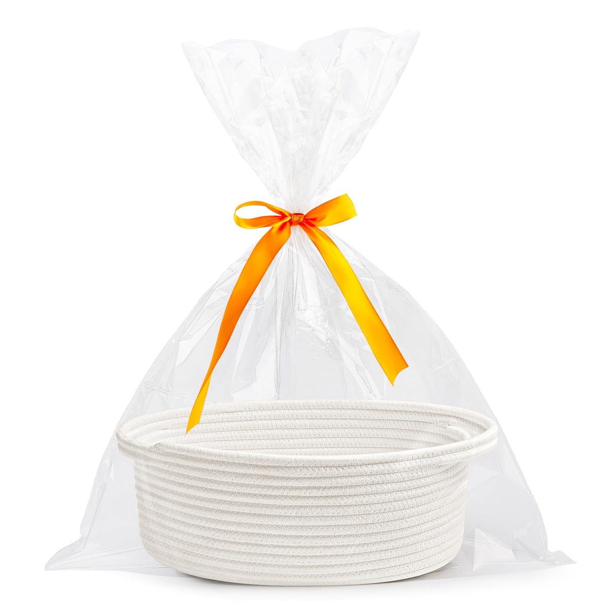 Pro Goleem Small Woven Burr Basket with Gift Bags and Ribbons Durable Baskets for Gifts Empty Small Rope Basket for Storage 12"X 8" X 5" Baby Toy Baskets with Handles, White