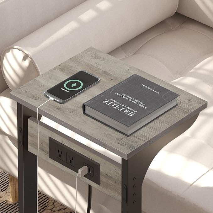 TUTOTAK C Shaped End Table with Charging Station, Side Table, Couch Table for Small Spaces, Tv Tray Table with 2 USB Ports and Outlets, Living Room, Bedroom TB01BG044