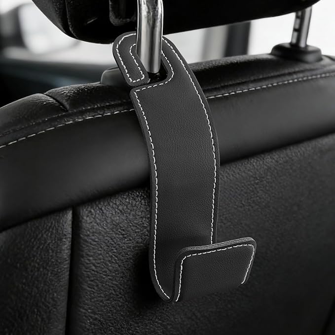 1PCS Purse Holder for Car, Purse Hook for Car, Leather Headrest Hooks for Automotive Back Seat, Auto Accessories Back Seat Organizer Hook for Grocery Bag Handbag Coat (Black, 1PCS)