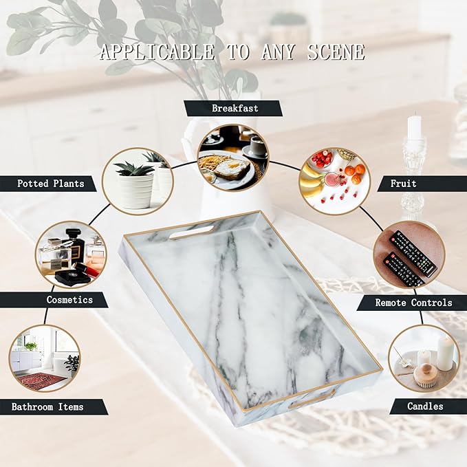 Set of 2 Serving Tray,Plastic Marble Coffee Table Tray 18.9"x13.7"x1.6"/15.7"x11.8"x1.6" Food Trays for Eating on Lap Coffee Tray with Handles Rectangular Decorative Trays,Tea Trays for Serving