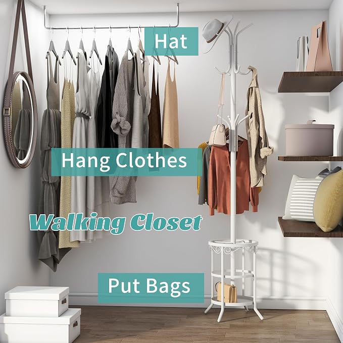 Coat Rack with Umbrella Holder, White Metal Coat Rack Stand with 12 Hooks, for Entryway, Hallway, Living Room, Bedroom