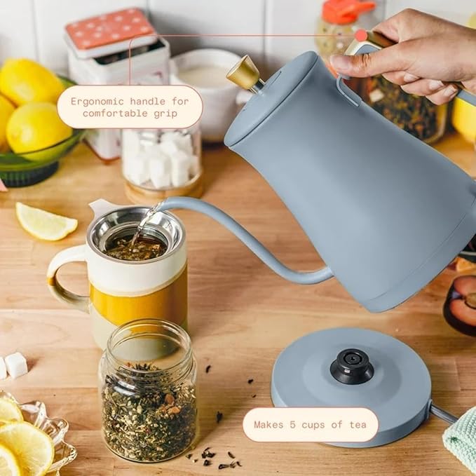 Electric Gooseneck Kettle 1 Liter 1200W, Stainless Steel, Pour Over Coffee Tea, Auto Shut-Off, 360° Cordless Power Base (Cornflower Blue)