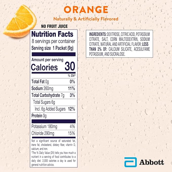 Pedialyte Electrolyte Powder, Hydration Drink for Kids & Adults, Orange, 8 Powder Packets