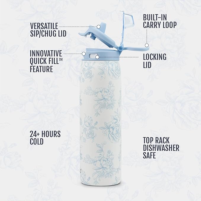 Ello Pop & Fill Insulated Stainless Steel Water Bottle with Quick Fill Lid, Leakproof Locking, Sip or Chug Spout, BPA-Free, Double Wall Vacuum Insulated for Sports, Travel & School- 22oz / 32oz / 40oz