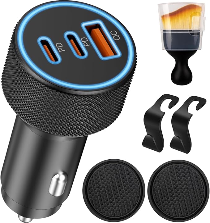67W Car Charger Super Fast Charging Cigarette Lighter USB Phone Accessories Charger Voltmeter Adapter with QC USB c Type c PD Universal Quick Charge Multi 4 Port for 12-24v Car Cigarette Lighter Plug