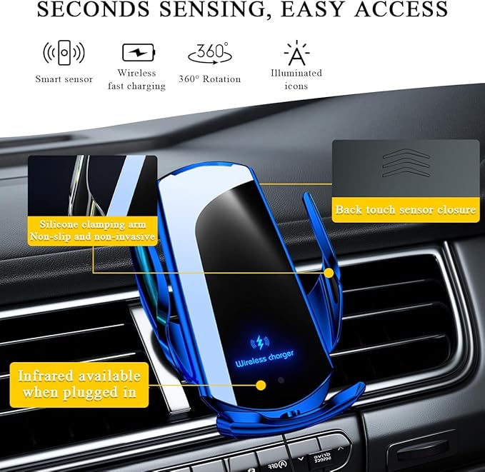 Wireless Car Charger Mount, 15W Automotive Electric Wireless Charger Holder, Car Air Vent Mount Bracket Fast Charging for Most Smartphone, Universal Car Accessories (Blue)