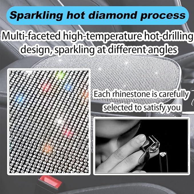 Bling Car Center Console Cover, Crystal Rhinestone Vehicle Armrest Cover Cushion with 2 Storage Bags for Women Girls, Diamond Auto Storage Box Protector Pad, Universal Fit (White)