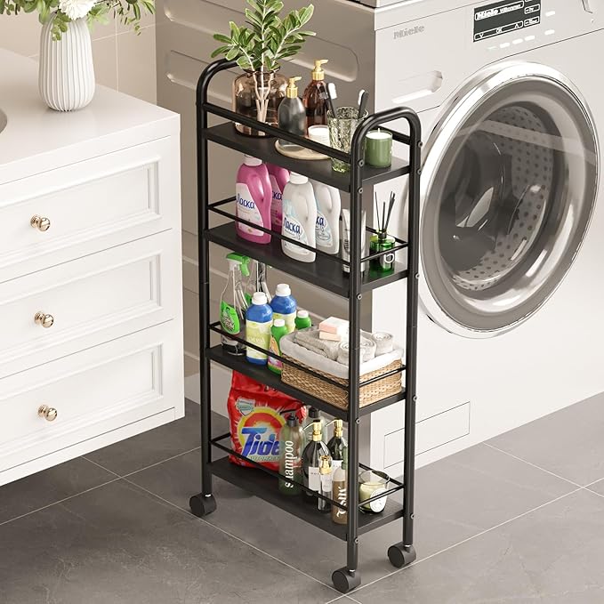 Slim Storage Cart, 4-Tier Small Rolling Cart with Wheels, 5.9" Deep, Narrow Bathroom Shelf Trolley for Kitchen, Bathroom, Laundry Room, Black Standard 4-Tier (5.9" W x 33.6" H)