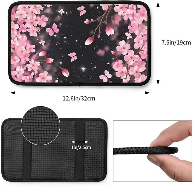 Universal Car Center Console Cushion Pad, Pink Cherry Blossoms Soft Waterproof Car Center Console Cover Auto Armrest Seat Box Cover Protector for Most Vehicle SUV Truck Car
