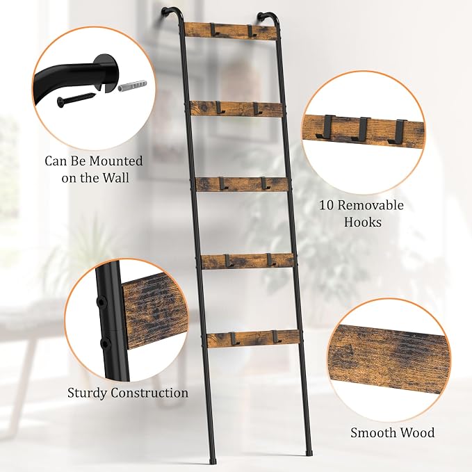 Blanket Ladder for Living Room Towel Ladder for Bathroom Decorative Quilt Rack for Home Decor 5-Tier Throw Blanket Holder with 10 Hooks, Rustic Brown and Black