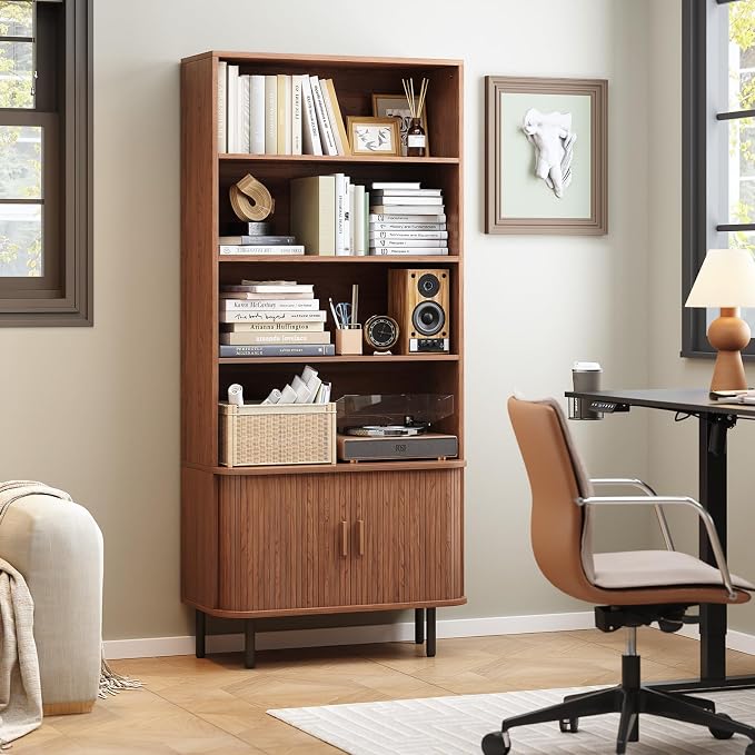 ONBRILL 71" Tall Bookshelf, 4-Tier Bookcase with Storage Cabinet & Adjustable Storage Shelf, Freestanding Wood Bookshelf with Sliding Door and Adjustable Footpad, for Home Office, Living Room, Walnut