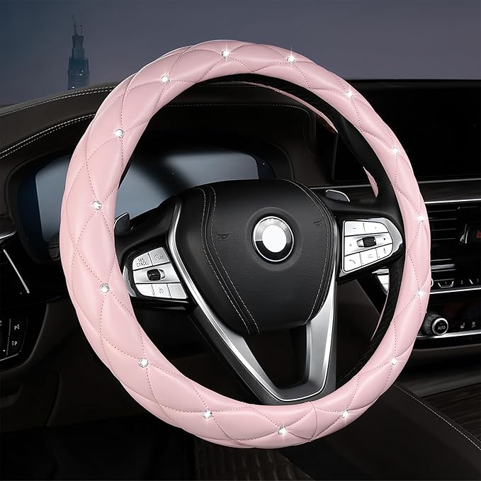 Diamond Leather Steering Wheel Cover Women, Girly Bling Steering Wheel Cover, Sparkly Non-Slip Soft, 15 Inch Interior Accessories for Women Girls Vehicle, Pink