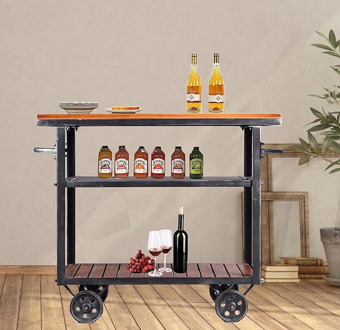 LOKKHAN Rolling Bar Cart with Handle [3 Tier] Home Kitchen Microwave Cart Island On Wheels, Mobile Serving Cart Beverage Cart, Coffee Station (Metal/Wood, Industrial Black/Rustic Brown)