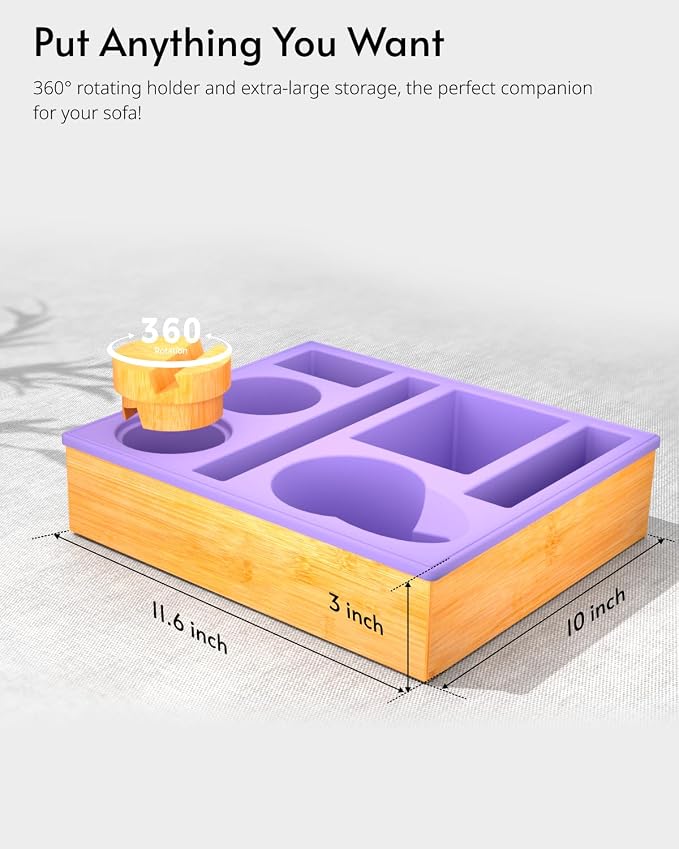 Couch Cup Holder Tray - Couch Organizer Caddy, Silicone Beach Caddy with Cup Holder, Sofa and Bed Drink Holder and Couch Tray Table for Snacks Beverage Remote (Purple)