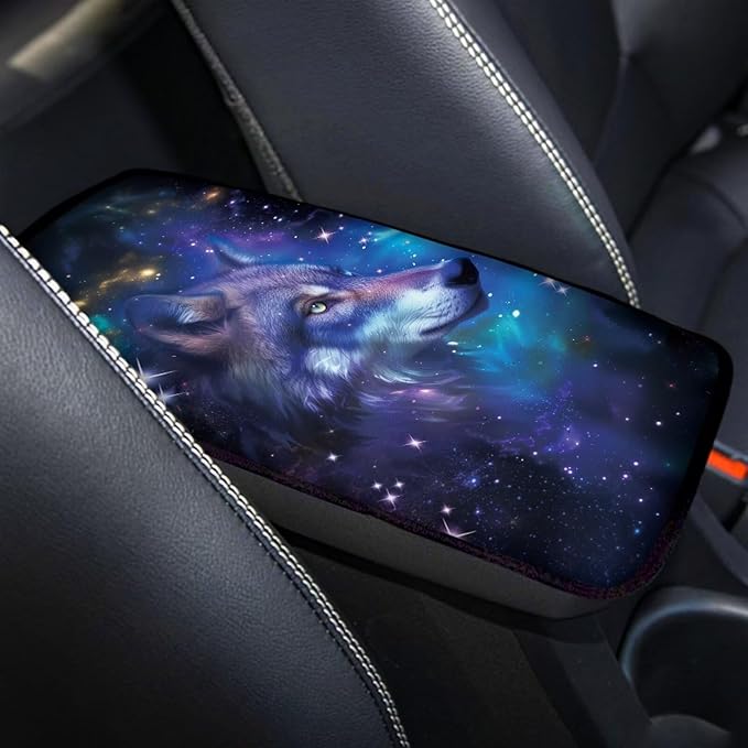 Galaxy Wolf Print Car Center Console Armrest Cover Dust-Proof Decorative Armrest Box Protector Cushion Pad for Most Vehicles, Universal Fits, Blue