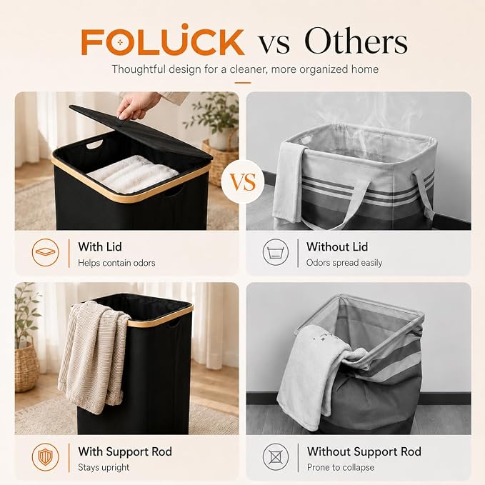 Foluck 100L Laundry Hamper with Lid Removable Bag and Bamboo Handles | Waterproof Self-locking Inner Bag, 3 Different Handles, 600D Cationic Cloth, for Dorm Bedroom Bathroom