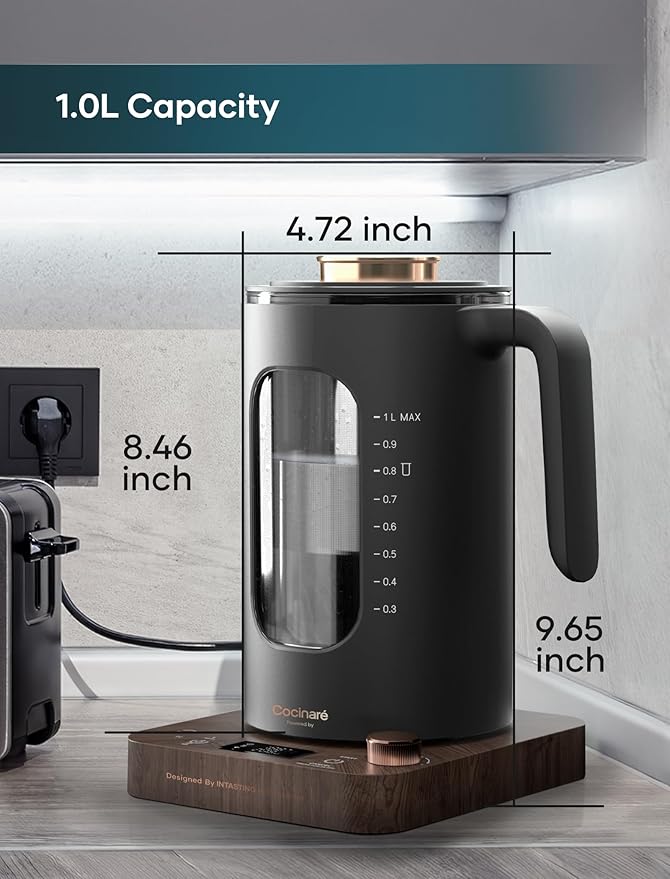 Electric Tea Kettle, Electric Kettle with Tea Infuser, ±1℉ Knob Temperature Control, BPA-Free Glass, 1200W Fast Heating, Easy to Clean, 1 Liter (Wood)
