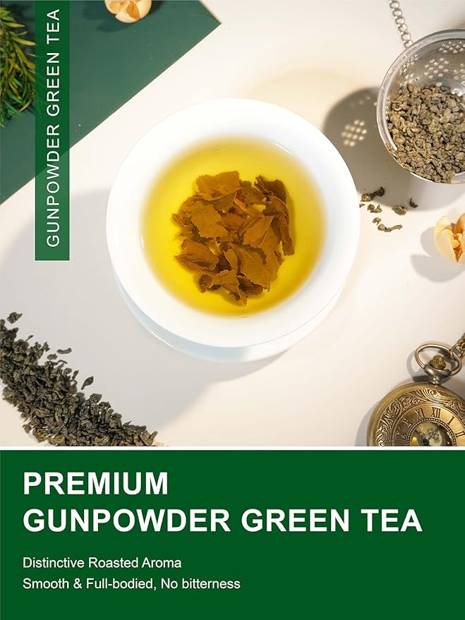 TeeLux Gunpowder Green Tea Loose Leaf, Mellow & Smooth Taste, High Mountain Green Tea with Roasted Aroma, 16oz