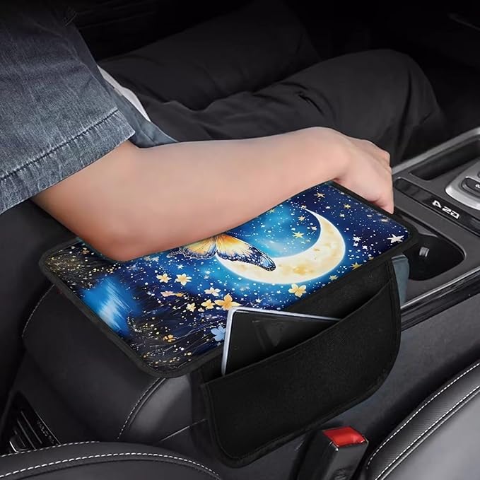 BIGCARJOB Moon Butterfly Center Console Cover for Cars Truck Interior Seat Accessories,Blue Butterfly Print Car Armrest Seat Box Cover Cushion with Side Storage,Universal Fit