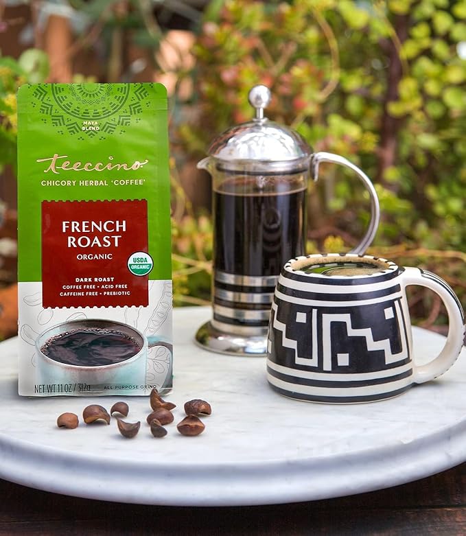 Teeccino French Roast Chicory Coffee Alternative - 11 Ounce - Ground Herbal Coffee That’s Prebiotic, Caffeine-Free & Acid Free, Dark Roast, (Pack of 3)